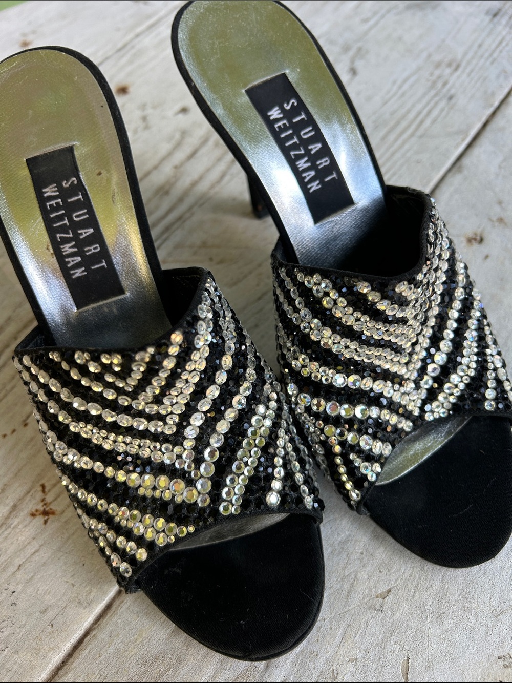 Stuart Weitzman Black Crystal-Embellished Open-Toe Mules